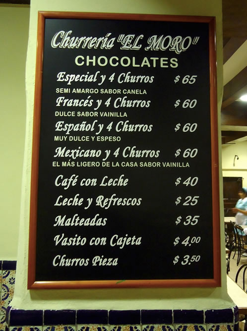 Menu de Churros el Moro CDMX